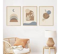 Image D'Art,Tableau Abstrait Géométrique Beige Représentant un Soleil une Lune et Des Feuilles sur Toile Affiche Moderne la Décoration du Salon de la Chambre Ou de la Maison-50*60cm*3Pcs(Non Encadré)