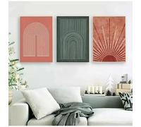Image D'Art,Tableau Abstrait sur Toile Représentant un Soleil et Des Lignes Arc en Ciel Vertes et Blanches Affiche Moderne pour la Décoration du Salon et de la Chambre-50*70cm*3Pcs(Non Encadré)