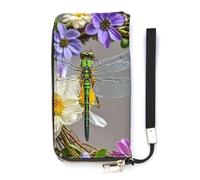 Image de libellule dans une couronne, portefeuille de grande capacité, pochette en cuir PU, longue pochette à fermeture éclair, unisexe, blanc, 20 x 10,5 cm, portefeuille, blanc, 20x10.5cm,