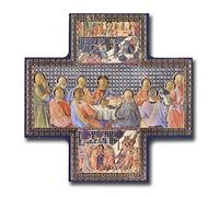 Image en forme de croix représentant la Cène - Peinture métallisée dorée et argentée - Icône à suspendre au mur - 15,2 x 15,2 cm - Jésus et ses disciples