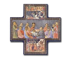 Image en forme de croix représentant la Cène - Peinture métallisée dorée et argentée - Icône à suspendre au mur - 15,2 x 15,2 cm - Jésus et ses disciples