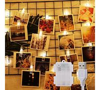IMAGE Guirlande lumineuse LED avec clips photo - 6 m - Avec 50 pinces USB / piles - Mur photo pour décoration de chambre - Éclairage d'ambiance pour anniversaire, Noël, mariage, fête