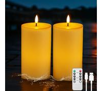 IMAGE Lot de 2 bougies piliers LED rechargeables de 10,2 x 20,3 cm, étanches, sans flamme, avec minuterie et télécommande, vacillantes et durables, pour lanternes, véranda, blanc ivoire