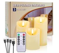 IMAGE Lot de 3 bougies piliers rechargeables de 10,2 cm, 12,7 cm, 15,2 cm, bougies LED 3D réalistes et mèche noire, bougies sans flamme vacillante avec télécommande et minuterie, bougies pour