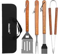 IMAGE Lot de 4 ustensiles de barbecue avec poignées en bois - Accessoires de barbecue en acier inoxydable avec sac de transport - Pour cuisine, arrière-cour, barbecue et camping en plein air