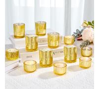 IMAGE Lot de 6 photophores élégants en verre pour mariages, Diwali, décoration de maison et occasions spéciales, doré