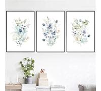 Image Murale,Décoration Murale Abstraite Minimaliste Style Nordique Aquarelle Fleurs Bleues Affiche sur Toile Idéale la Maison la Chambre le Salon Ou le Bureau-50*60cm-3pcs (impression sans cadre)