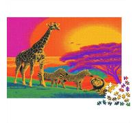 Image Pop Art d'un Paysage Africain, Girafe, Lion, zèbre 1000pcs (75x50cm) Puzzles Adaptés Aux Adultes Et Aux Personnes Âgées De 14 Ans Et Plus