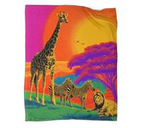 Image Pop Art d'un Paysage Africain, Girafe, Lion, zèbre Couverture en Velours Imprimée 3D Douce Et Confortable pour Adolescent Et Adultes Adaptée Au Lit Et Au Canapé 70x80inch(180x200cm)