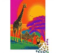 Image Pop Art d'un Paysage Africain, Girafe, Lion, zèbrePuzzles 1000 Pièces pour Adultes, Jeux ÉduChatifs