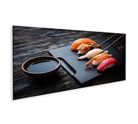 Image sur toile Close Up Sashimi Sushi Set baguettes soja fond noir affiche murale impression images