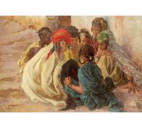 Image sur toile enroulée pour enfants arabes jouant à Dinet Alphonse Etienne - Art horizontal pour enfants Impression artistique des scènes de vie du monde Scènes de rue Can 16_X_25_in