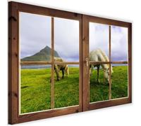 Image Tableau Toile moderne Cadre mural Canevas Fenetre Chevaux Vue 60x40
