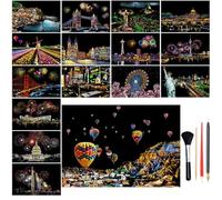 Images à gratter pour enfants, ensemble de 16 feuilles de papier à gratter arc-en-ciel A4 (21 x 29,7 cm) ville et feux d'artifice - avec 4 outils spéciaux pour enfants et adultes ensemble créatif