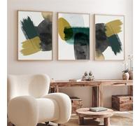 Images Murales,3 Pièces-Affiches Abstraites Effet Pinceau Vert Noir Milieu Siècle Peinture Toile Art Mural Images Imprimées Salon Cuisine Bureau Décoration de Maison-60*80cm/24*31 pouce(sans cadre)