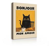 Images sur toile avec cadre - Tableau mural 30 x 40 cm « Bonjour Mon Amour » avec chat noir, impression d'art sur toile, images pour salon ou chambre à coucher, tableau mural moderne avec crochets et