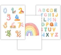 IMAGINE AFFICHE - Set de 3 Affiches Éducatives Chiffres et Alphabet - Apprentissage Enfants - Décoration Murale Chambre Bébé - Poster Arc-en-Ciel Lettres - Idée Cadeau Naissance - (A4 (21x29,7cm)
