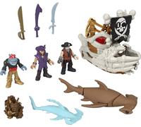 Mattel Imaginext® Coffret Le Bateau de Billy Bones avec 3 figurines articulées et un bateau avec mains de squelettes et lanceur, 7 accessoires, JLC51
