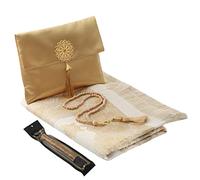 Imani Aksa Cadeau Musulman - Tapis de Prière Transportable avec Sac - Seccade-Islam pour Ramadan, Aïd Hajj, Umrah, Mariage, Naissance (Gold 2 avec Tesbih et Miswak)