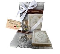 Imani Aksa Coffret Cadeau Musulman-(Tapis de prière, tesbih, Coran)- Tapis prière muuslman- Islam-Ramadan,Aïd Hajj, Umrah, Mariage, Naissance, Mevlid Muslim Blanc (Blanc (Arabe et français))