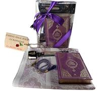 Imani Aksa Coffret Cadeau Musulman-(Tapis de prière, tesbih, Coran)- Tapis prière muuslman- Islam-Ramadan,Aïd Hajj, Umrah, Mariage, Naissance, Mevlid Muslim Blanc (Violet (Arabe et français))