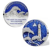 Imasoner Médaillon de récupération AA pour 3 ans, motif phare bleu à paillettes, puce sobre, un jour à la fois avec strass et vagues de l'océan, cadeau inspirant des alcooliques anonymes pour homme et