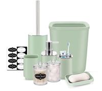 IMAVO Ensemble d'accessoires de salle de bain - 8 pièces - Vert - Avec poubelle, distributeur de savon, porte-savon, porte-brosse à dents, gobelet à brosse à dents, porte-brosse de toilette,