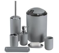 IMAVO Lot de 6 Accessoires de Salle de Bain en Plastique avec Porte-Brosse à Dents, Distributeur de Savon, Vaisselle, Brosse WC et Support, Poubelle avec Paille pour Salle de Bain, Gris