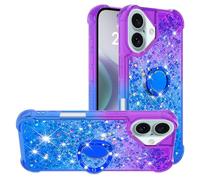 IMEIKONST Compatible avec iPhone 16 Coque avec Ring Bague Béquille, Sables Mouvants Liquides Brillants Très Mince Transparente Silicone Antichoc TPU Housse pour iPhone 16. Purple Blue JBZ