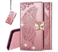 IMEIKONST Coque Compatible avec Honor 200 Pro, Cuir Magnétique Diamant Gaufrage Housse Pochette Portefeuille Porte Carte Étui à Rabat Coque pour Honor 200 Pro. Cristal Papillon Rose Gold SD