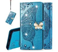 IMEIKONST Coque Compatible avec iPhone 16, Cuir Magnétique Diamant Gaufrage Housse Pochette Portefeuille Porte Carte Étui à Rabat Coque pour iPhone 16. Cristal Papillon Blue SD