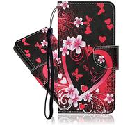 IMEIKONST Coque Compatible avec Samsung Galaxy A25 5G, Cuir PU Magnétique Porte Carte Portefeuille Étui à Rabat Pochette Housse Fonction Stand Protection pour Samsung A25 5G. Red Heart Floral XC1