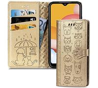 IMEIKONST Coque Compatible avec Samsung Galaxy S10, PU Cuir Mignonne Housse Porte Carte Portefeuille Magnétique Antichoc Étui à Rabat Protection Coque pour Galaxy S10. Golden Cat Dog SD