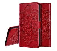 IMEIKONST Coque Compatible avec Samsung Galaxy S24, Flip Housse Embossed Cuir Porte-Cartes de Crédit Portefeuille Magnétique Stand Étui à Rabat Coque pour Samsung Galaxy S24. Mandala Red LD