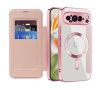 IMEIKONST Coque Magnétique pour Google Pixel 9 Pro XL Compatible avec MagSafe, [RFID Blocage] Porte Carte Protection de la Caméra Étui à Rabat Transparente Housse pour Pixel 9 Pro XL. Rose JDCX