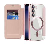IMEIKONST Coque Magnétique pour Samsung Galaxy S23 Compatible avec MagSafe, [RFID Blocage] Porte Carte Protection de la Caméra Étui à Rabat en Cuir Transparente Housse pour Samsung S23. Rose JDCX