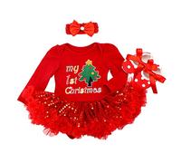 IMEKIS Bébé Filles Ma 1ère Tenue de Noël Père Noël Renne Costume Princesse Robe Grenouillères à Manches Longues + Bandeau + Chaussures Set de Vêtements pour Festival D'anniversaire Rouge 01 6-12 mois