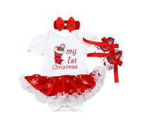 IMEKIS Bébé Filles Ma 1ère Tenue de Noël Père Noël Renne Costume Princesse Robe Grenouillères à Manches Longues + Bandeau + Chaussures Set de Vêtements pour Festival D'anniversaire Blanc 01 6-12 mois