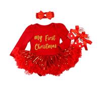 IMEKIS Bébé Filles Ma 1ère Tenue de Noël Père Noël Renne Costume Princesse Robe Grenouillères à Manches Longues + Bandeau + Chaussures Set de Vêtements pour Festival D'anniversaire Rouge 0-3 mois