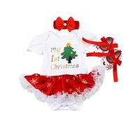 IMEKIS Bébé Filles Ma 1ère Tenue de Noël Père Noël Renne Costume Princesse Robe Grenouillères à Manches Longues + Bandeau + Chaussures Set de Vêtements pour Festival D'anniversaire Blanc 6-12 mois
