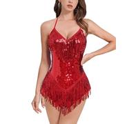 IMEKIS Body à franges à paillettes pour femme - Col en V - Justaucorps brillant pour festival de musique latine jazz tango salon de danse rave, Rouge, XL