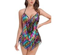 IMEKIS Body à franges à paillettes pour femme - Col halter en V - Justaucorps pour festival de musique - Costume de danse brillant latin jazz tango salon de bal - Tenue de rave, coloré, S