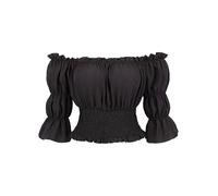 IMEKIS Chemise médiévale Renaissance pour femme, chemisier de pirate à épaules dénudées, costume d'Halloween, manches courtes bouffantes, couleur unie, taille smockée, haut court, Noir , S