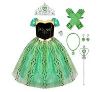 IMEKIS Enfant Filles Princesse Anna Robe Reine Des Neiges Costume Carnaval Déguisement Cosplay Habiller Fleur Robe De Fête D'anniversaire avec Fée Accessoires Tenue Verte+Accessoire 7-8 ans