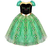 IMEKIS Enfant Filles Princesse Anna Robe Reine Des Neiges Costume Carnaval Déguisement Cosplay Habiller Fleur Robe De Fête D'anniversaire avec Fée Accessoires Tenue Verte-Robe 3-4 ans