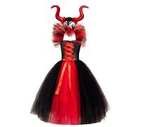 IMEKIS Enfants Maléfique Costume Fille Princesse Fantaisie Reine du Mal S'habiller Avec Bandeau Corne Méchante Sorcière Robe Halloween Halloween Carnaval Cosplay Tenue de Fête Rouge 10-12 ans