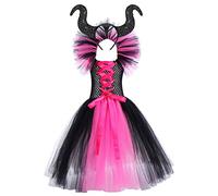 IMEKIS Enfants Maléfique Costume Fille Princesse Fantaisie Reine du Mal S'habiller Avec Bandeau Corne Méchante Sorcière Robe Halloween Halloween Carnaval Cosplay Tenue de Fête Rose vif 4-5 ans