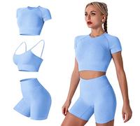 IMEKIS Femmes 3 PCS Gym Set Soutien-Gorge de Sport avec Crop Top et Shorts Sans Couture Yoga Vêtements Fitness Workout Outfit Dames Slim Fit Biker Activewear Running Survêtement Bleu M