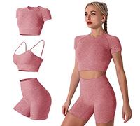 IMEKIS Femmes 3 PCS Gym Set Soutien-Gorge de Sport avec Crop Top et Shorts Sans Couture Yoga Vêtements Fitness Workout Outfit Dames Slim Fit Biker Activewear Running Survêtement Rose foncé L
