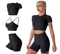 IMEKIS Femmes 3 PCS Gym Set Soutien-Gorge de Sport avec Crop Top et Shorts Sans Couture Yoga Vêtements Fitness Workout Outfit Dames Slim Fit Biker Activewear Running Survêtement Noir S